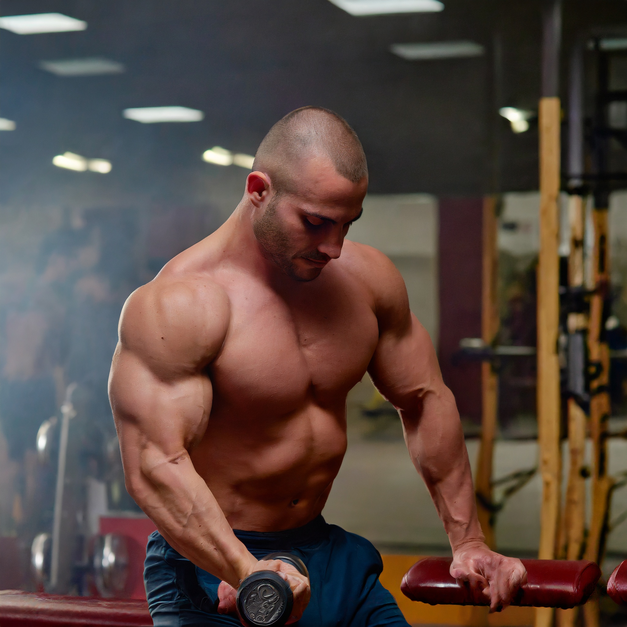 A muscular man working out with a dumbbell